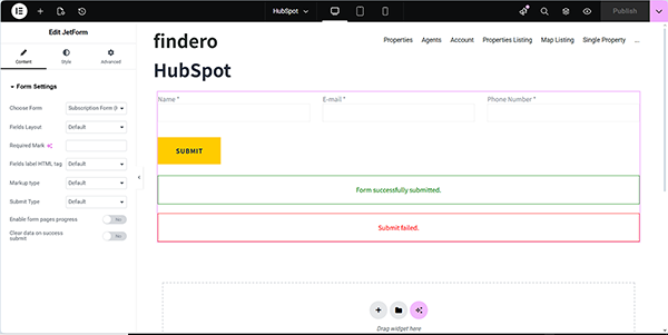 the jetform widgets added to a page