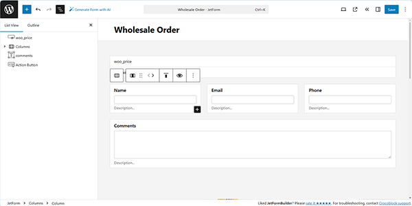 a form with fields created