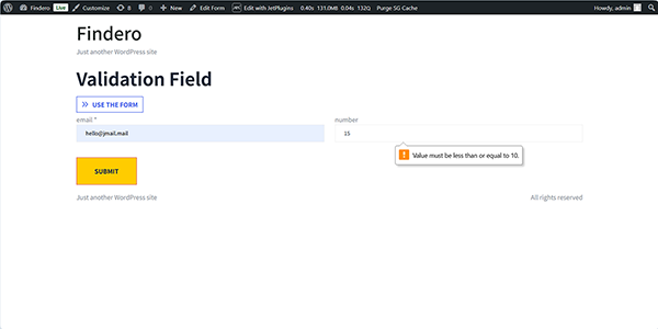 a tooltip for correcting the incorrect value inserted into the number field
