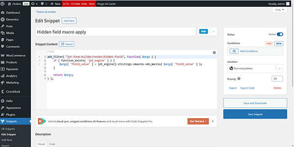 adding a snippet for a value of the hidden field