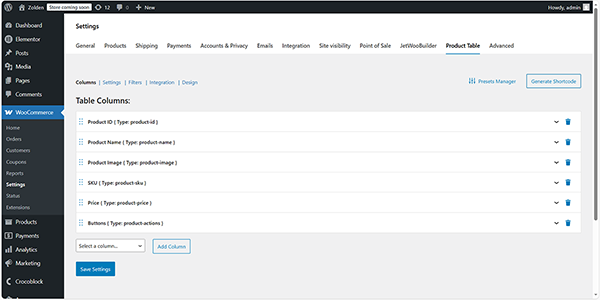 configuring the products table settings