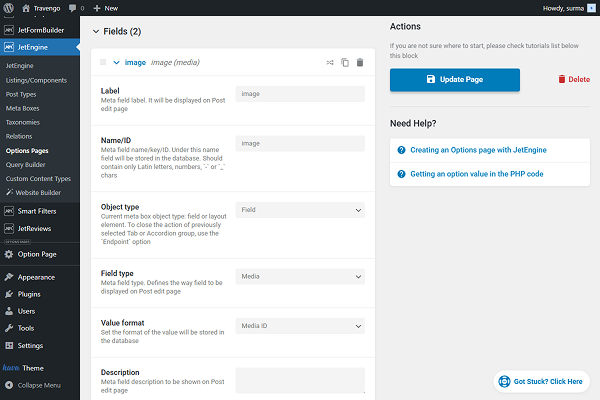 media field set in the options page