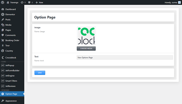 media in the options page
