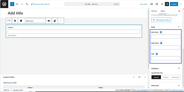 setting the field validation parameters