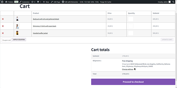 the cart page with added items