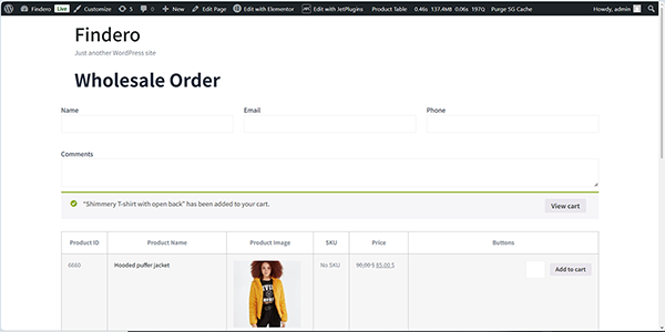 the item added to the cart text