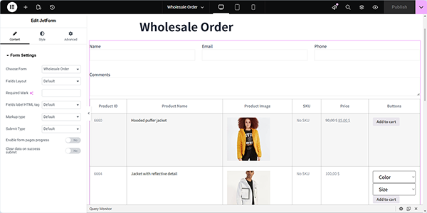 the jetform widget added to a page
