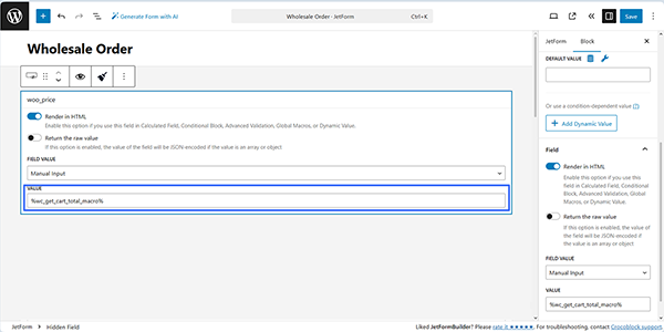 the macro as a value in the hidden field