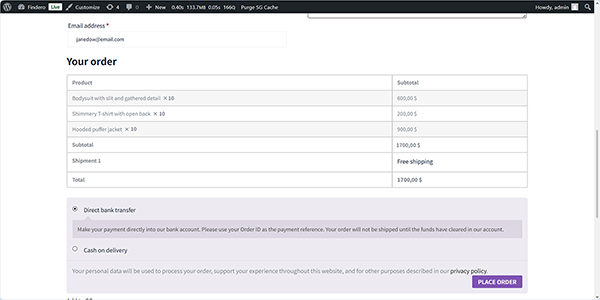 the order data on the checkout page