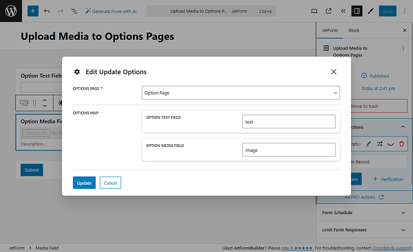update options page action settings
