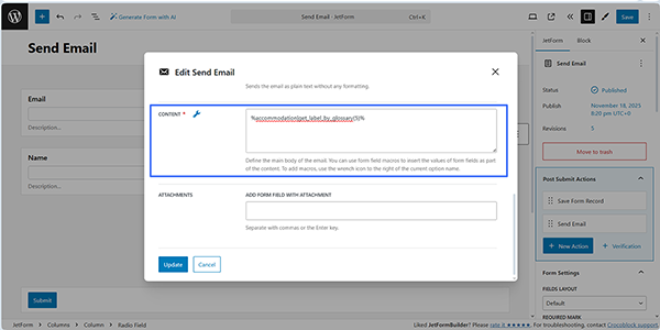 a macro to display glossary labels instead of values in email
