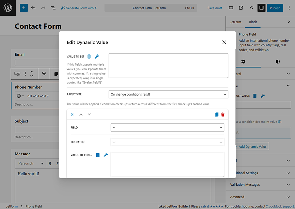 edit dynamic value popup