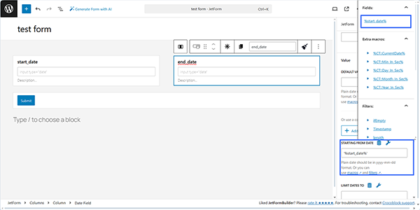 inserting a macro into the form’s settings