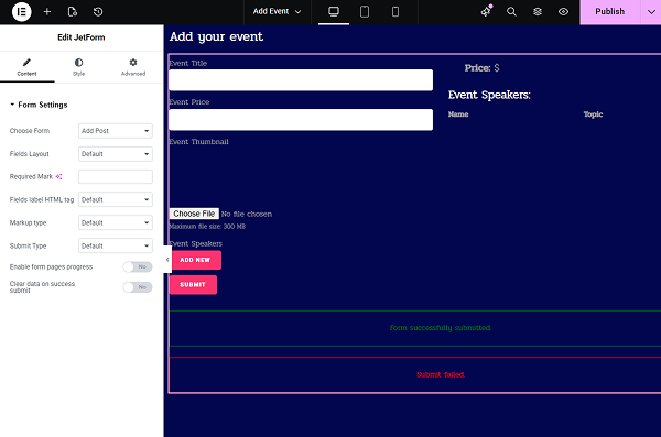 jetform widget in elementor