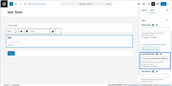 macro to start the date field from the current date
