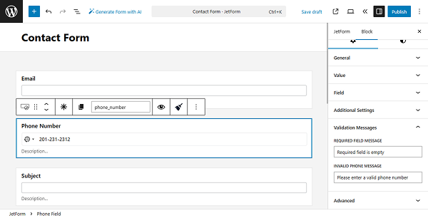 phone validation message settings