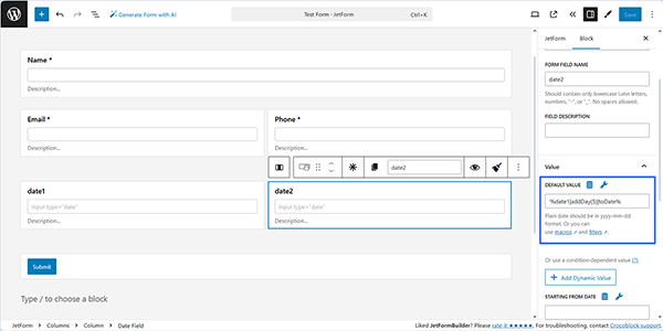 presetting the default value of the date field