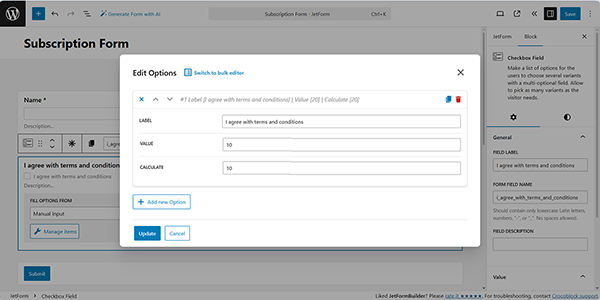the checkbox block settings