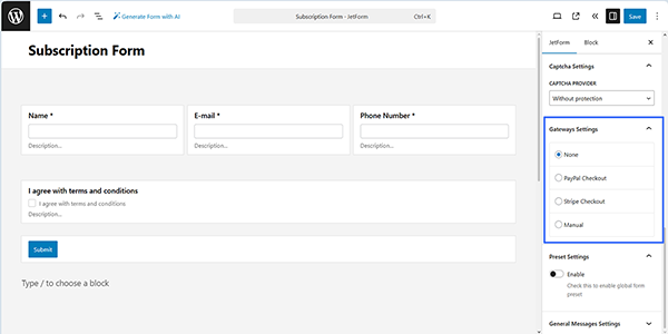 the gateway settings section of the form settings
