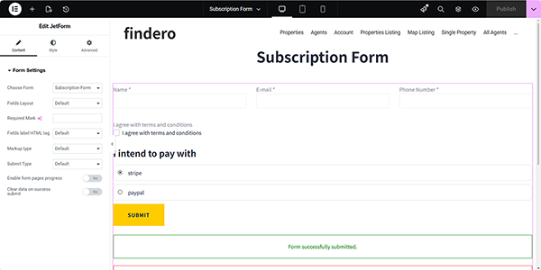the jetform widget added to the page