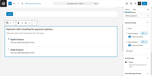 the jetformbuilder payment methods block