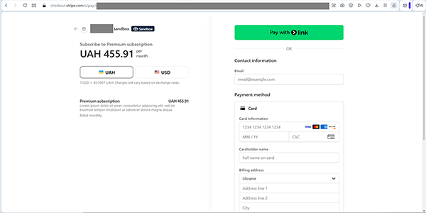 the stripe checkout page