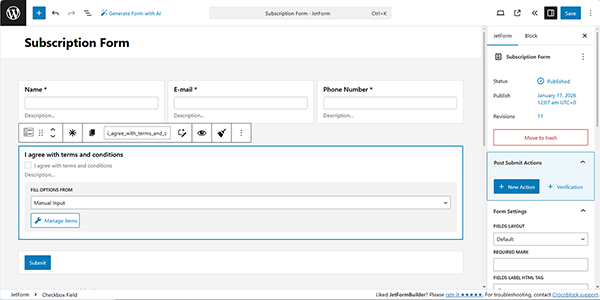 the subscription form created