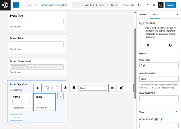 topic text field inside repeater