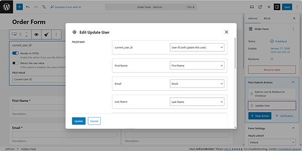 fields map fields of the add to cart and redirect checkout pop-up