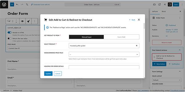 the add to cart and redirect checkout pop-up