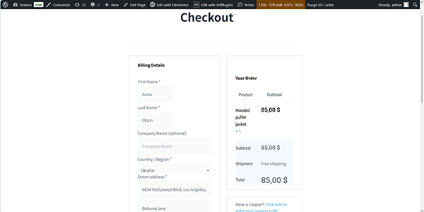 the checkout page