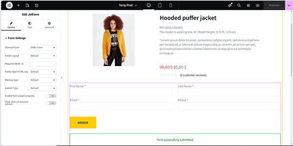the form added to the product's single page