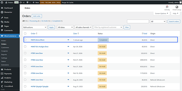 the orders list in the wordpress dashboard