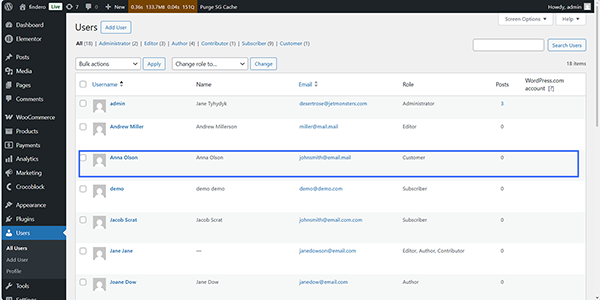 the user list in the wordpress dashboard