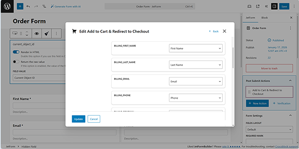 the woocommerce checkout fields of the add to cart and redirect checkout pop-up