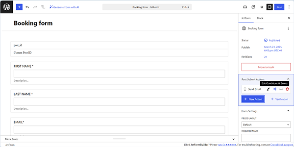 edit conditions and events button of the post submit action