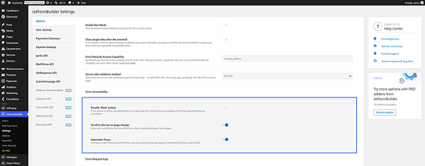 form accessibility settings