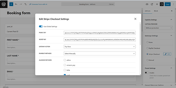 the edit stripe checkout settings pop-up