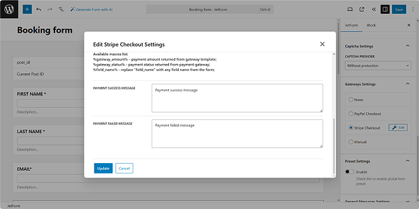 the message section of the edit stripe checkout settings pop-up