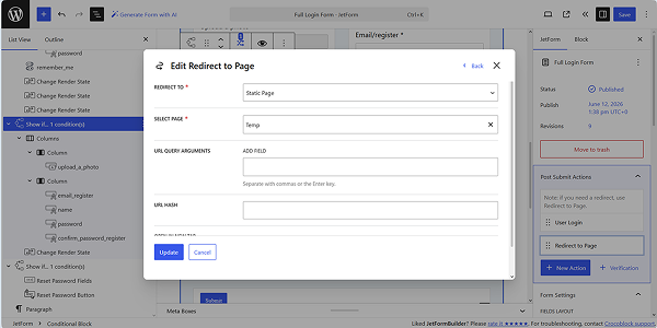 configuring the redirect to page action