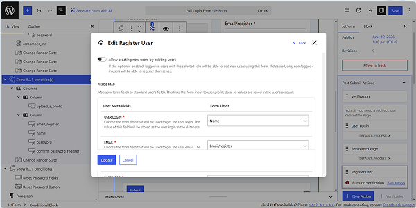 configuring the register user action