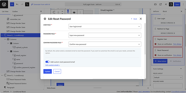 configuring the reset password action