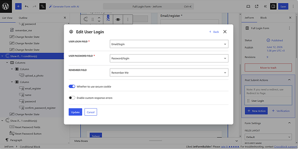 edit user login pop-up