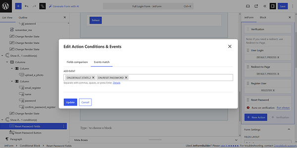 setting the events for the reset password action