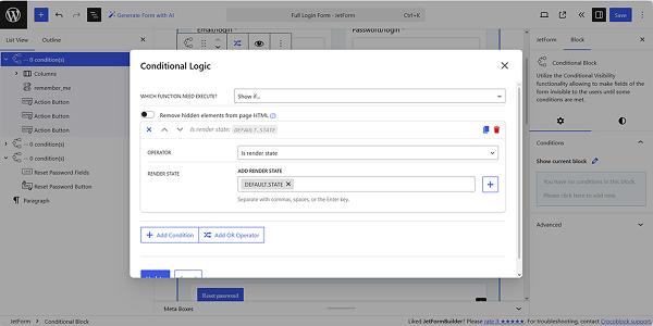 the conditional logic pop-up