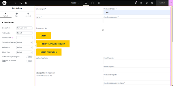 the jetform widget added to the header template