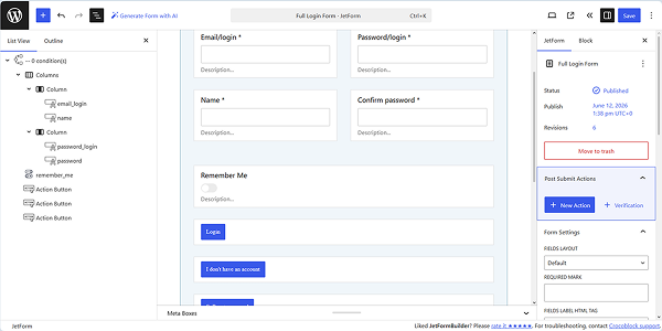 the login form inserted into a conditional block