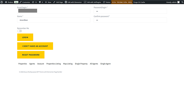 the login page on the front end