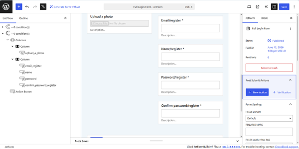 the register form inserted into a conditional block