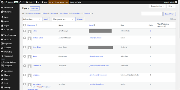 the users list in the site’s dashboard